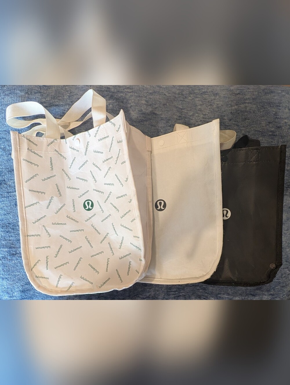 3 Lululemon Reusable Tote Bag Set in Cream, Black, and White